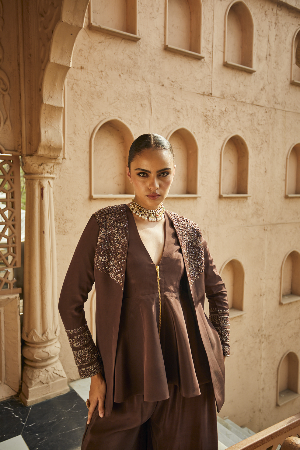 CHOCOLATE BROWN PEPLUM TOP WITH PLAZZOS