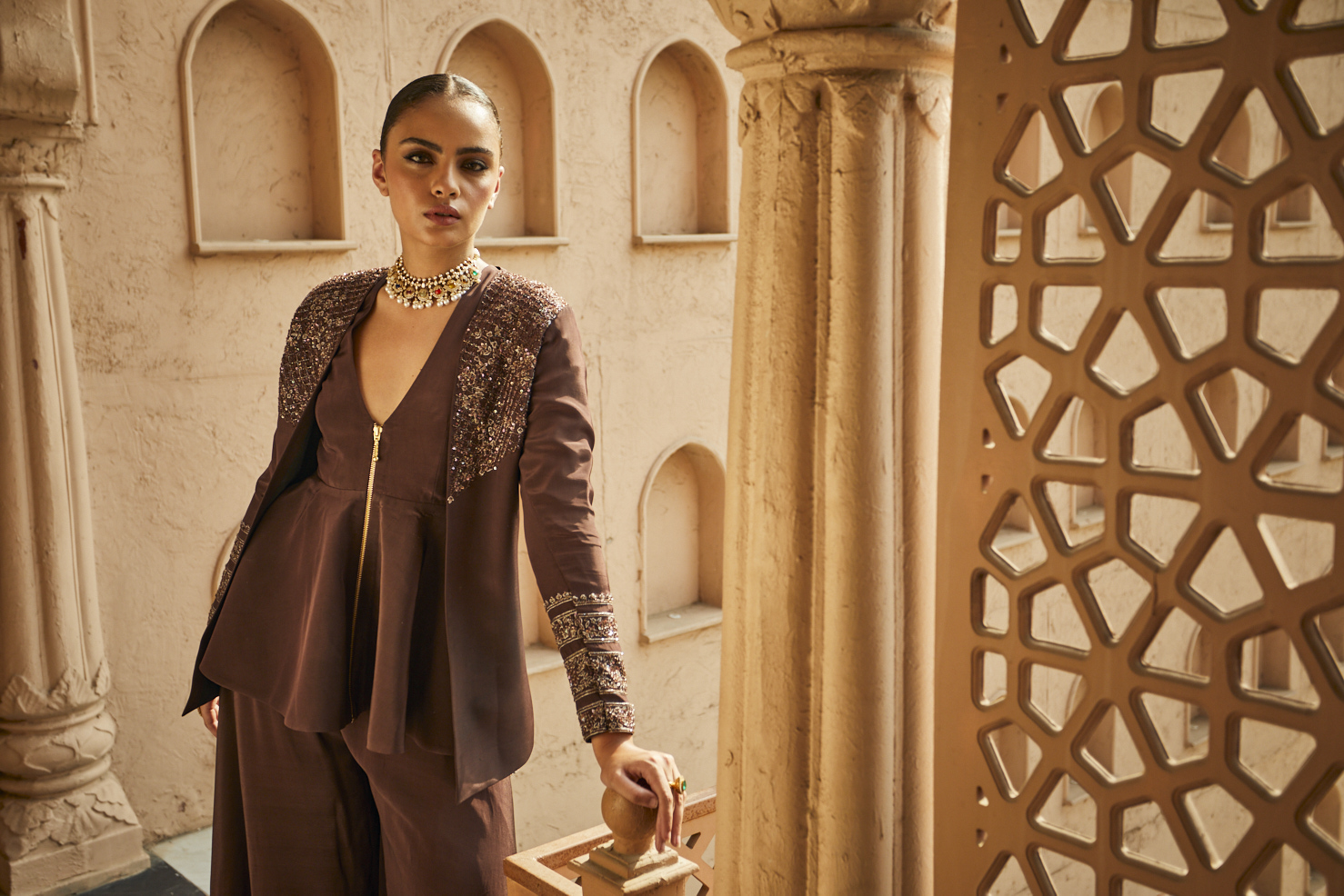 Alternate view of CHOCOLATE BROWN PEPLUM TOP WITH PLAZZOS