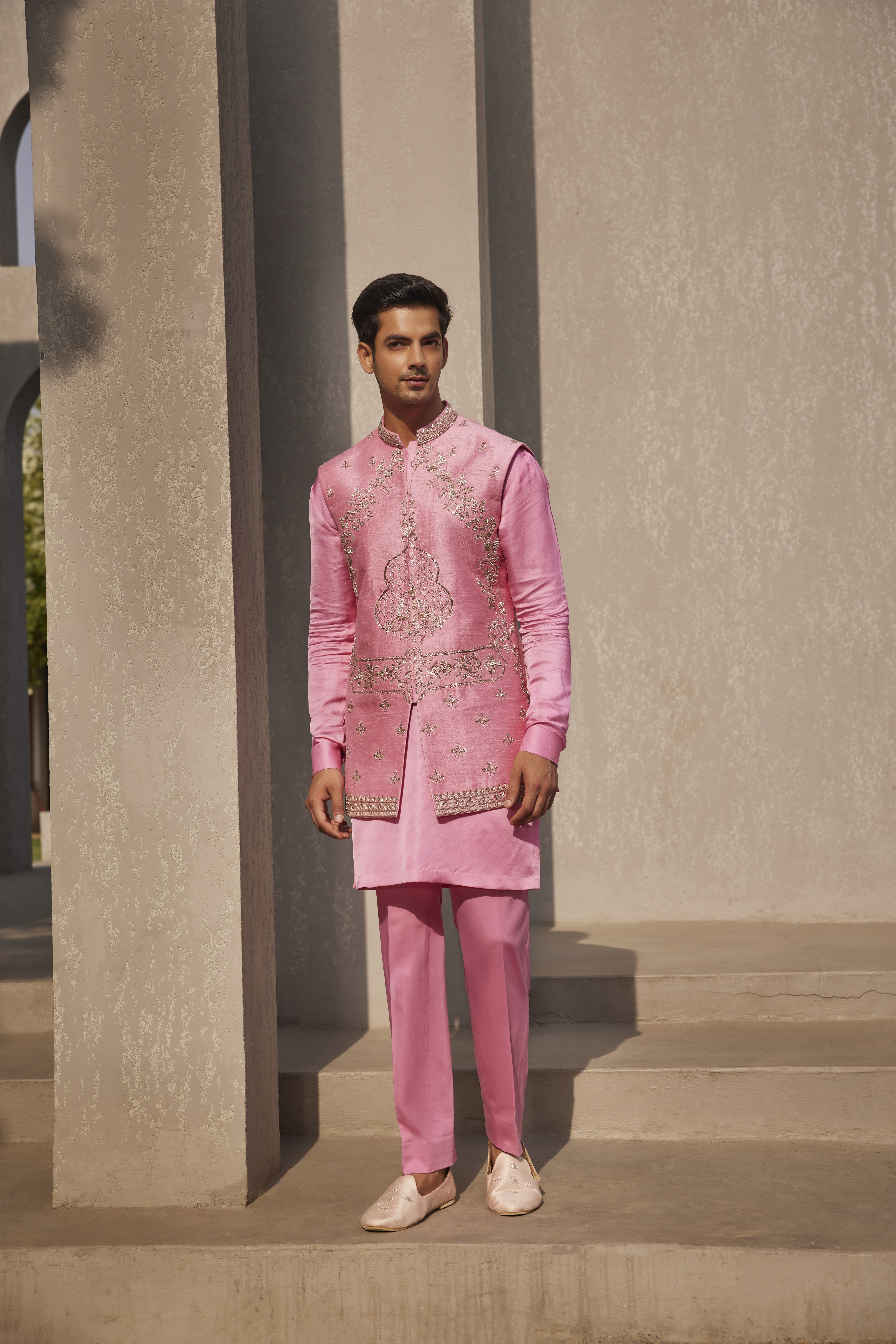 ROSE PINK EMBROIDERED BANDI KURTA SET