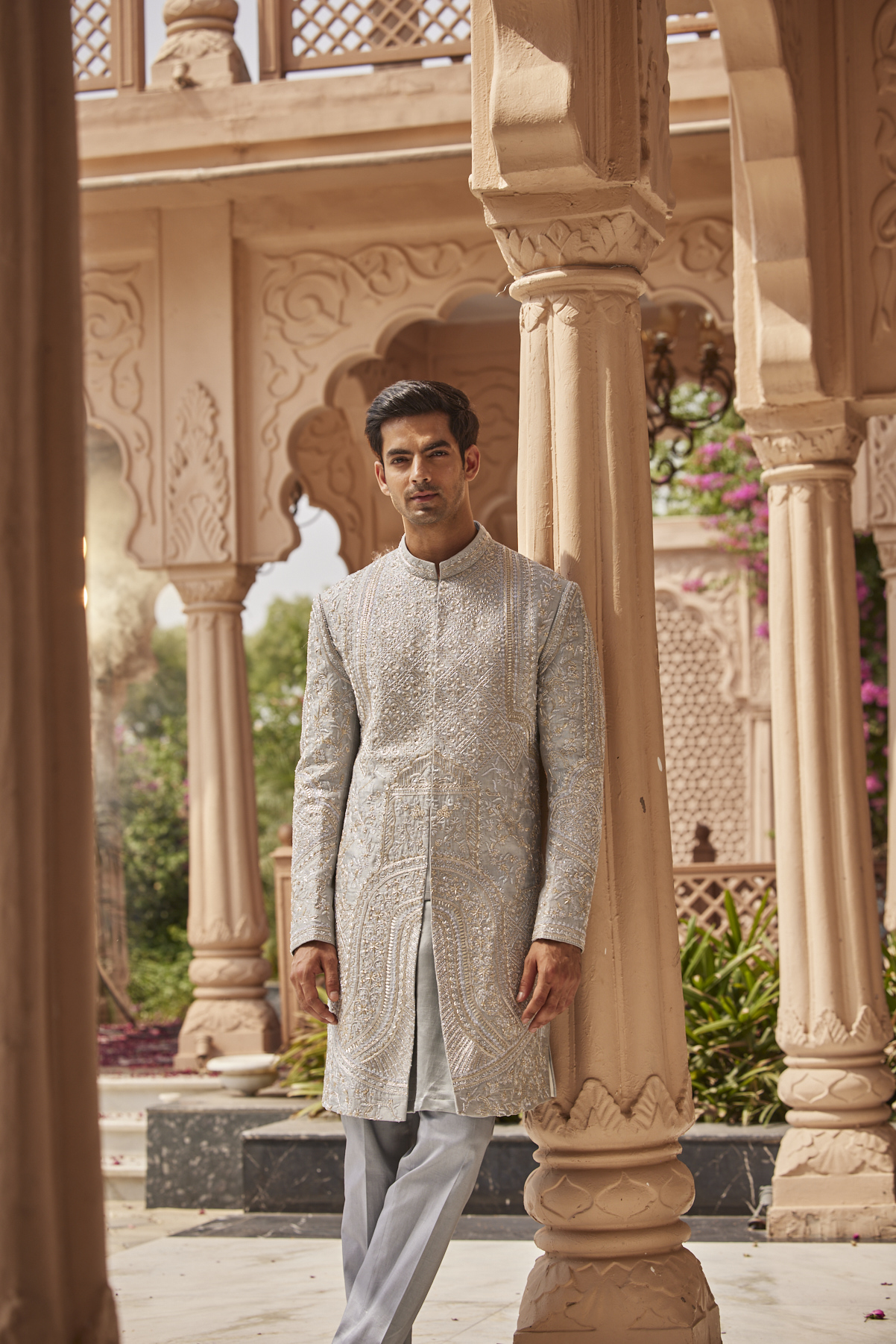 GREYISH SILVER SHERWANI SET